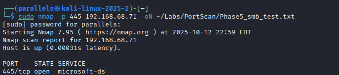 Kali terminal showing TCP port 445 reported open during the controlled firewall test.